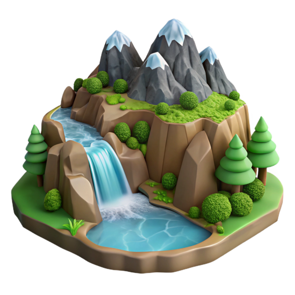 elegant vintage Mountain Landscape with Waterfall and River Cutout authentic png