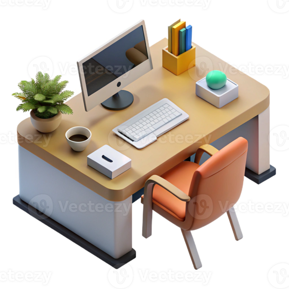 beautiful traditional Office Desk with Computer Top View Isolated high quality png