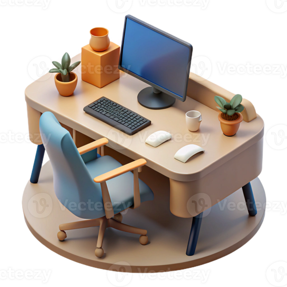 beautiful traditional Office Desk with Computer Top View Isolated png