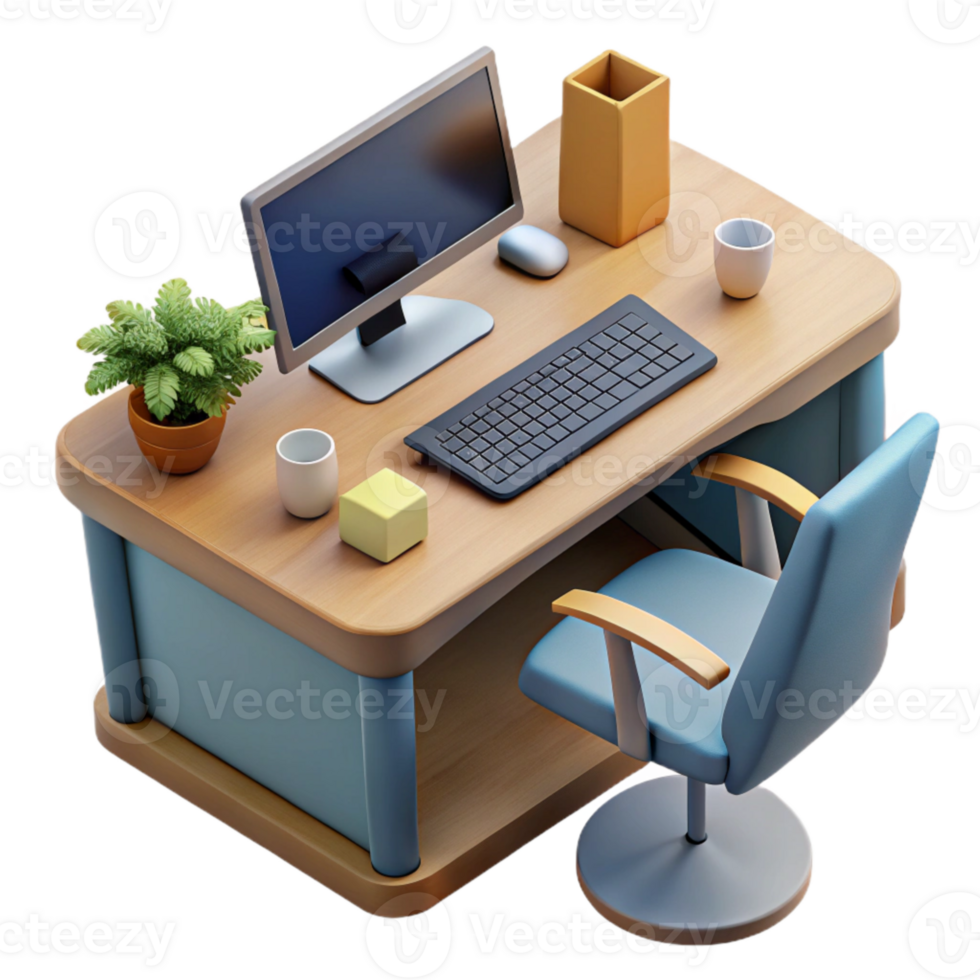 magnificent rustic Office Desk with Computer Top View Isolated professional png