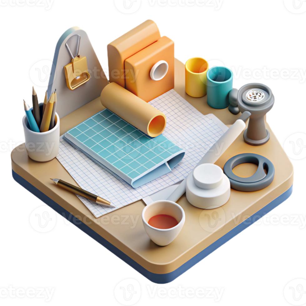 magnificent contemporary Office Desk with Stationery Items Flatlay Transparent Background high quality png
