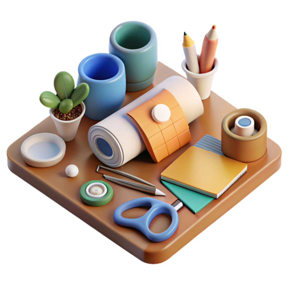 dramatic creative Office Supplies on Desk Flat Lay Cutout genuine png