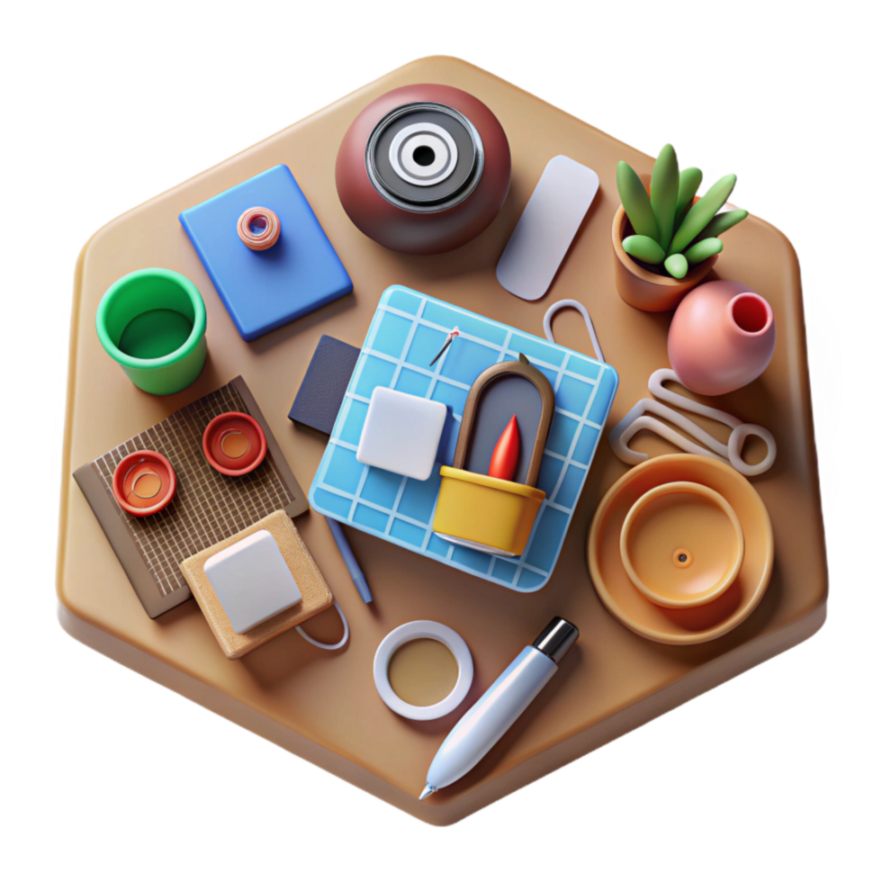 vibrant modern Office Supplies Organized on Desk Top View Cutout png
