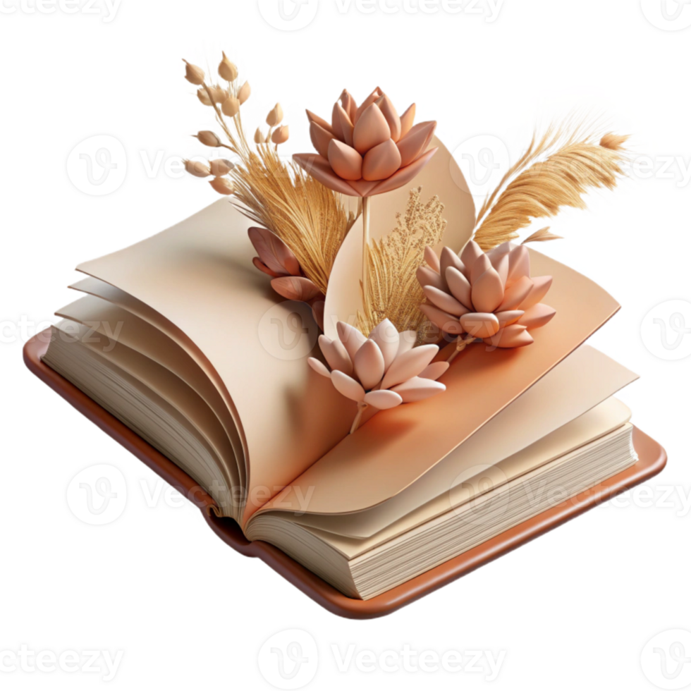wonderful traditional Open Book with Dried Flowers Isolated authentic png