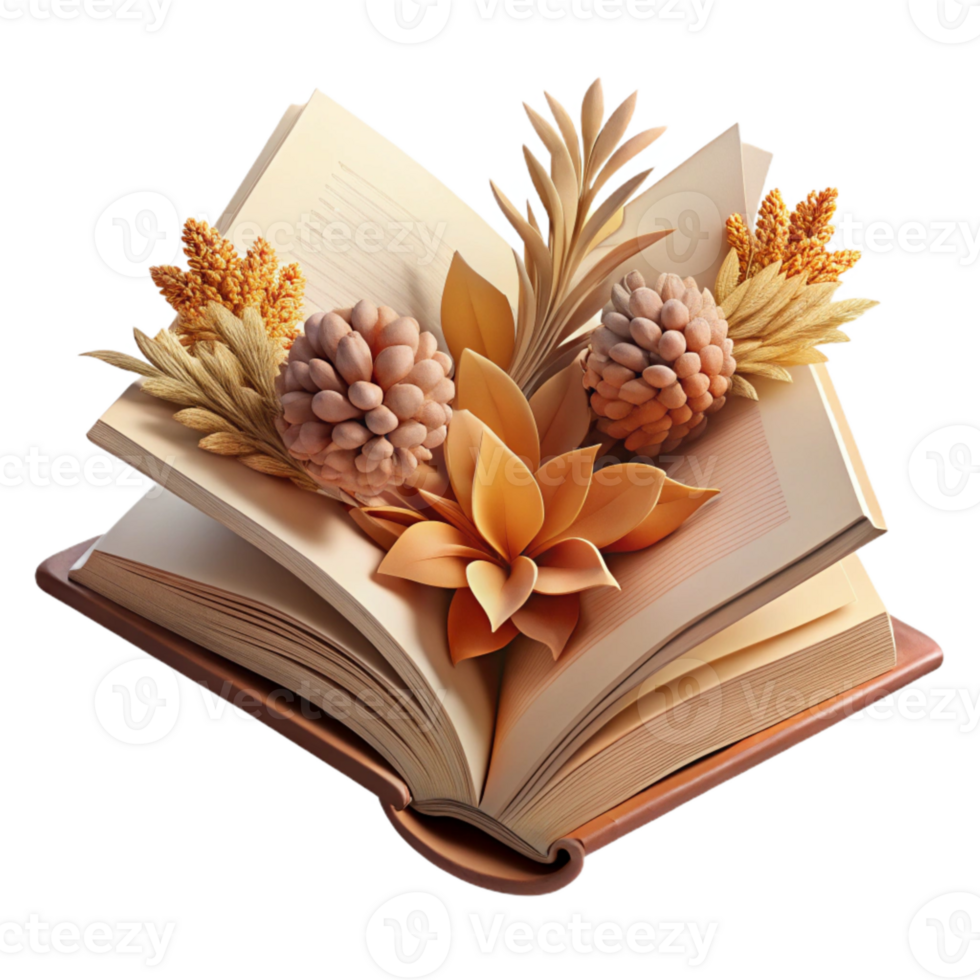 impressive minimalist Open Book with Dried Flowers Isolated genuine png