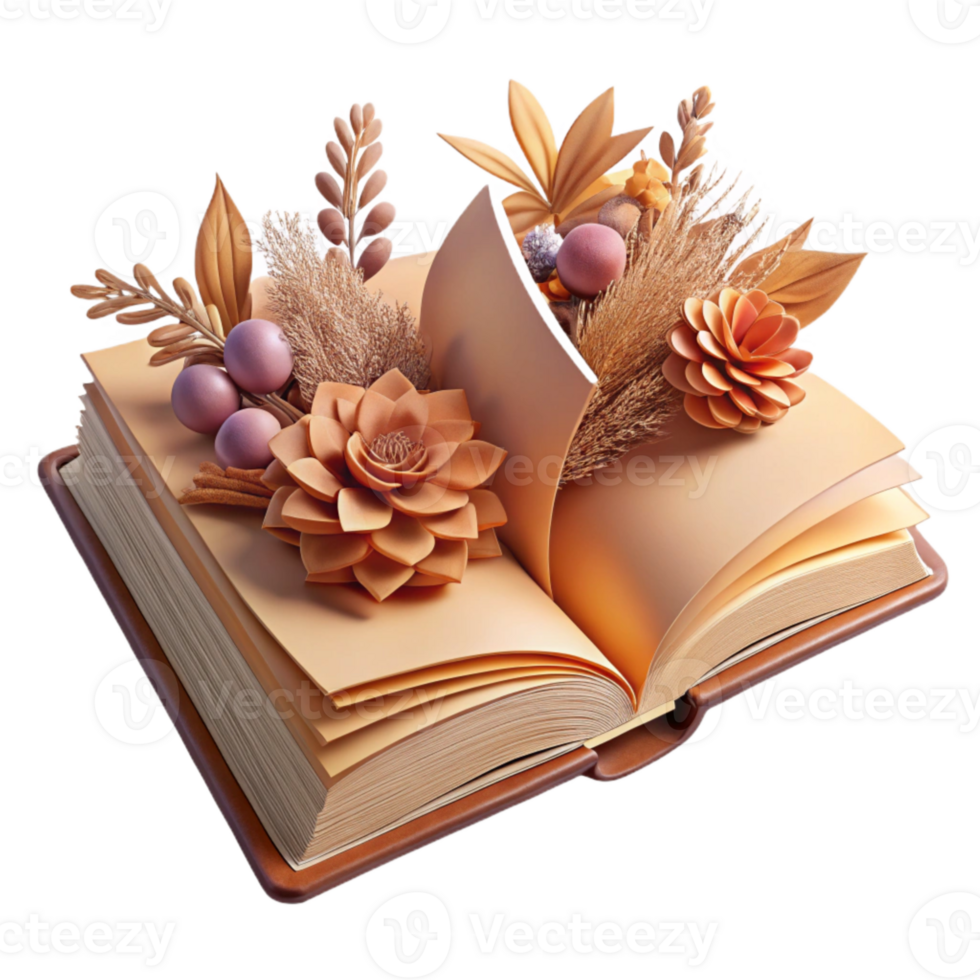 elegant traditional Open Book with Dried Flowers Isolated exclusive png