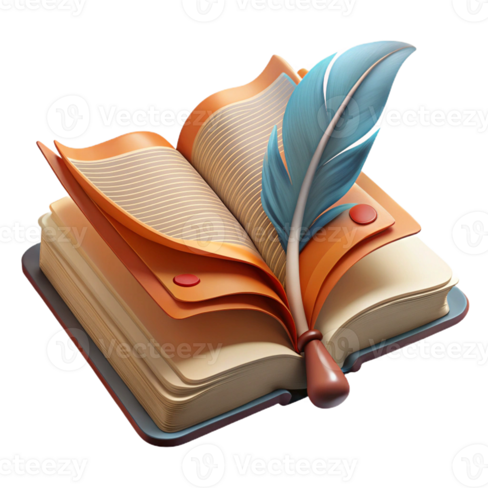 dramatic classic Open Book with Feather Bookmark Transparent Background Isolated original png