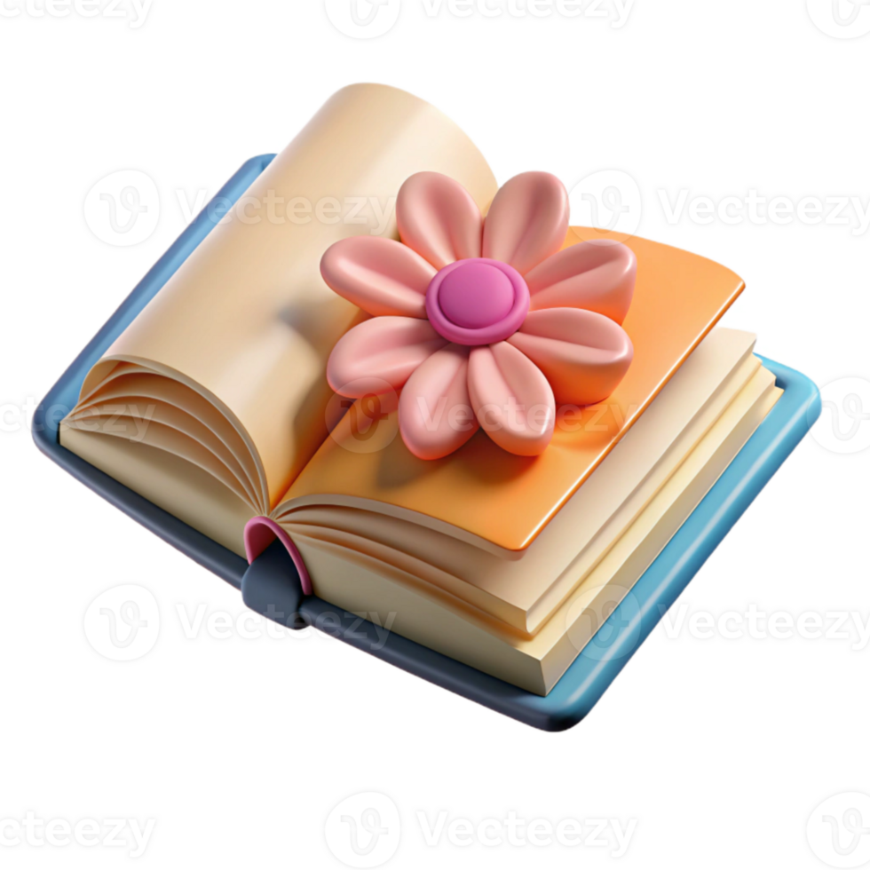 vibrant minimalist Open Book with Flower Bookmark Cutout on Transparent Background high quality png