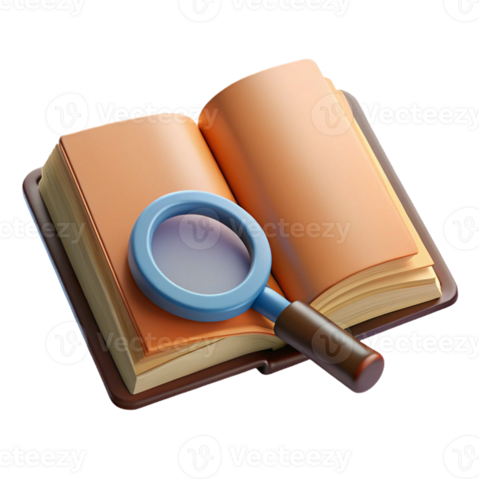 beautiful rustic Open Book with Magnifying Glass Isolated original png