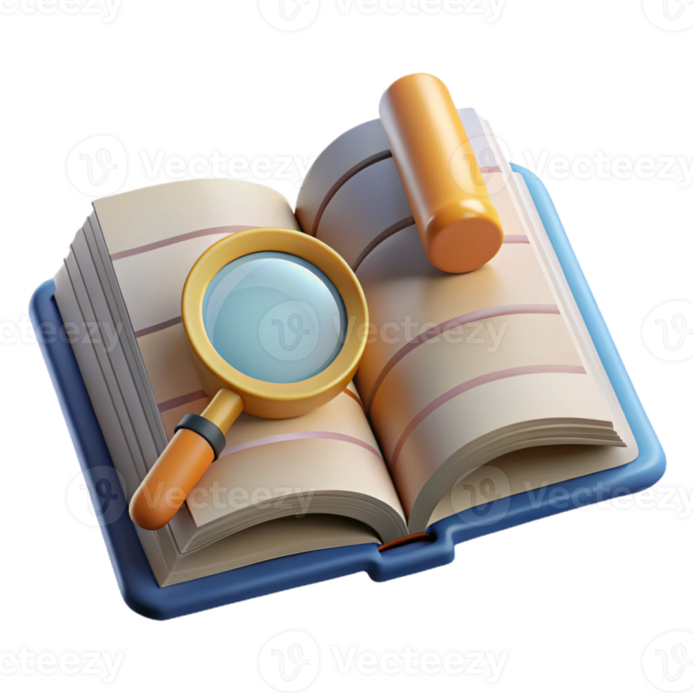 serene traditional Open Book with Magnifying Glass Isolated genuine png