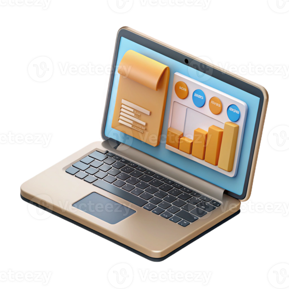 serene artistic Open Laptop Showing Business Dashboard Isolated on Transparent Background authentic png