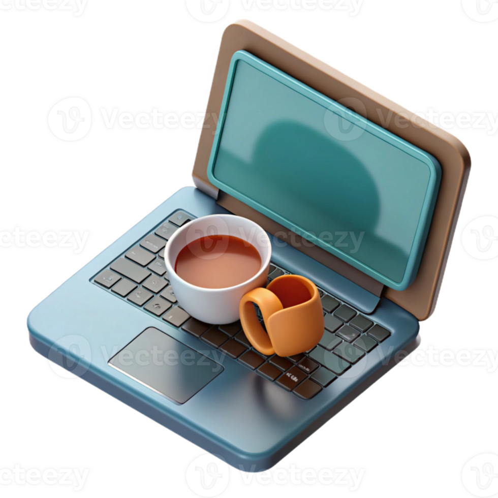 beautiful vintage Open Laptop with Coffee Mug Top View Cutout png