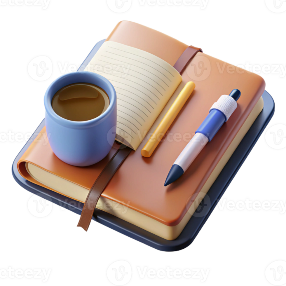 beautiful artistic Open Notebook with Pen and Coffee Cup Transparent Background Cutout original png