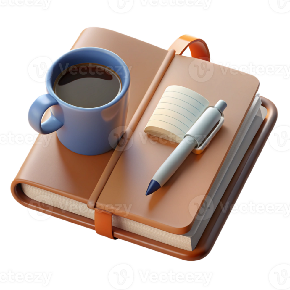 beautiful modern Open Notebook with Pen and Coffee Cup Transparent Background Cutout premium png