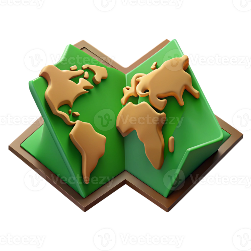 extraordinary artistic Open World Map Green and Brown Isometric View Isolated png