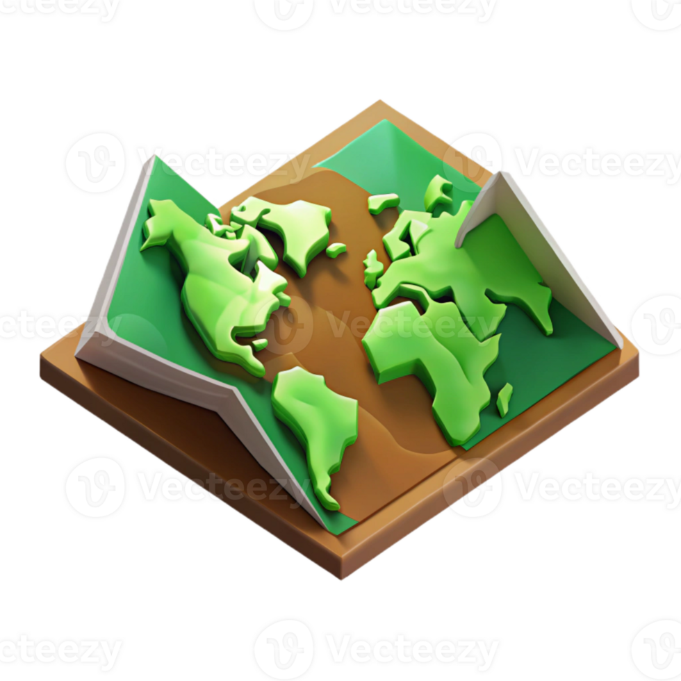 elegant vintage Open World Map Green and Brown Isometric View Isolated exclusive png