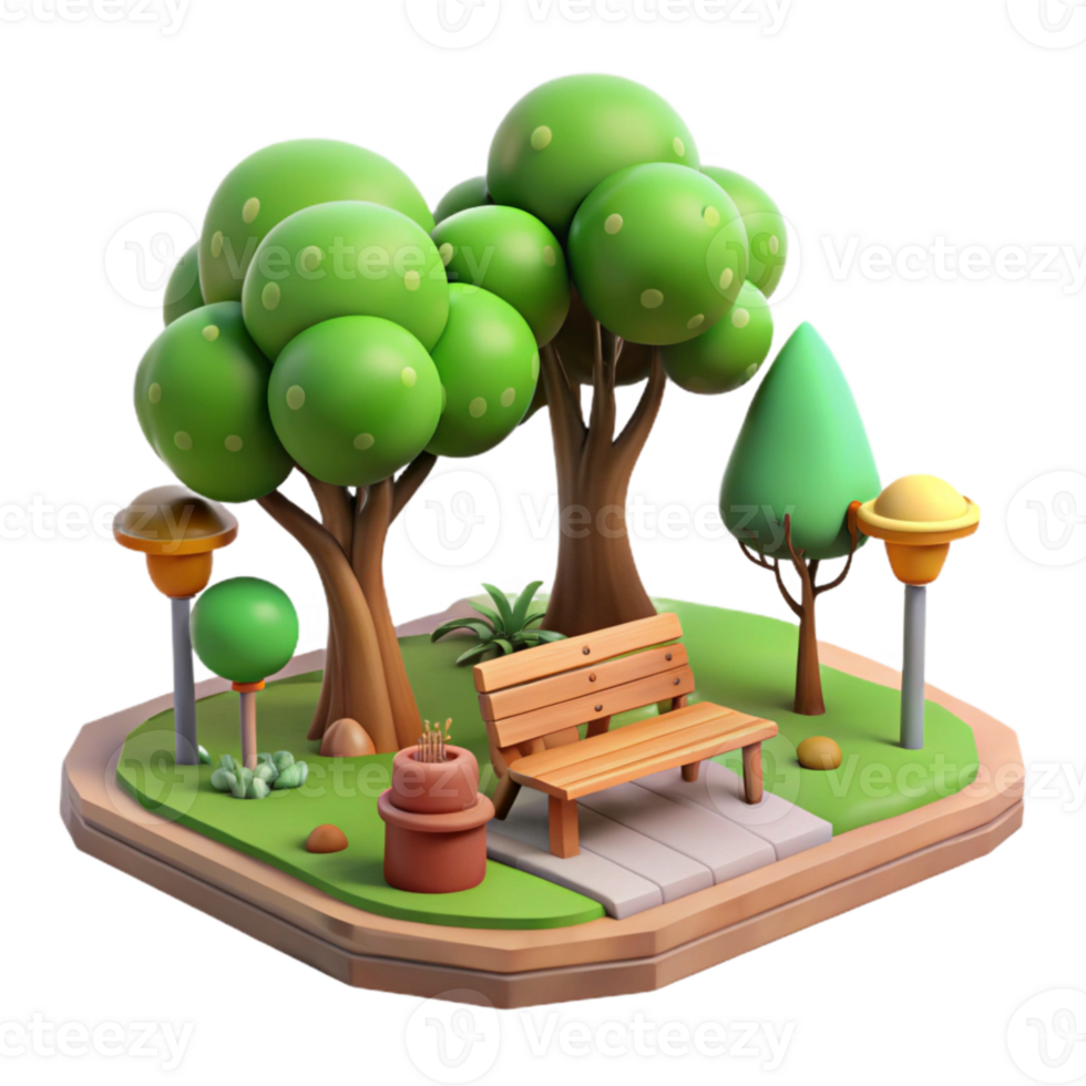 serene artistic Park Scene with Trees and Benches Isolated exclusive png