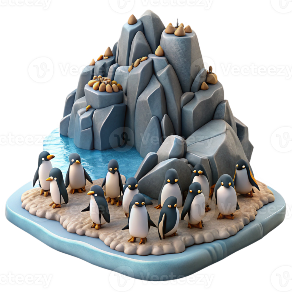 beautiful modern Penguin Colony on Rocky Shore Cutout Element png