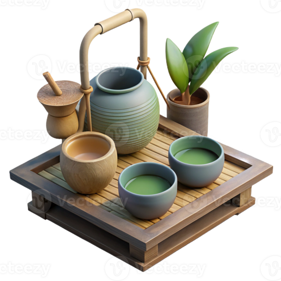 serene artistic Realistic Japanese Tea Ceremony Set Bamboo Tray Cutout genuine png