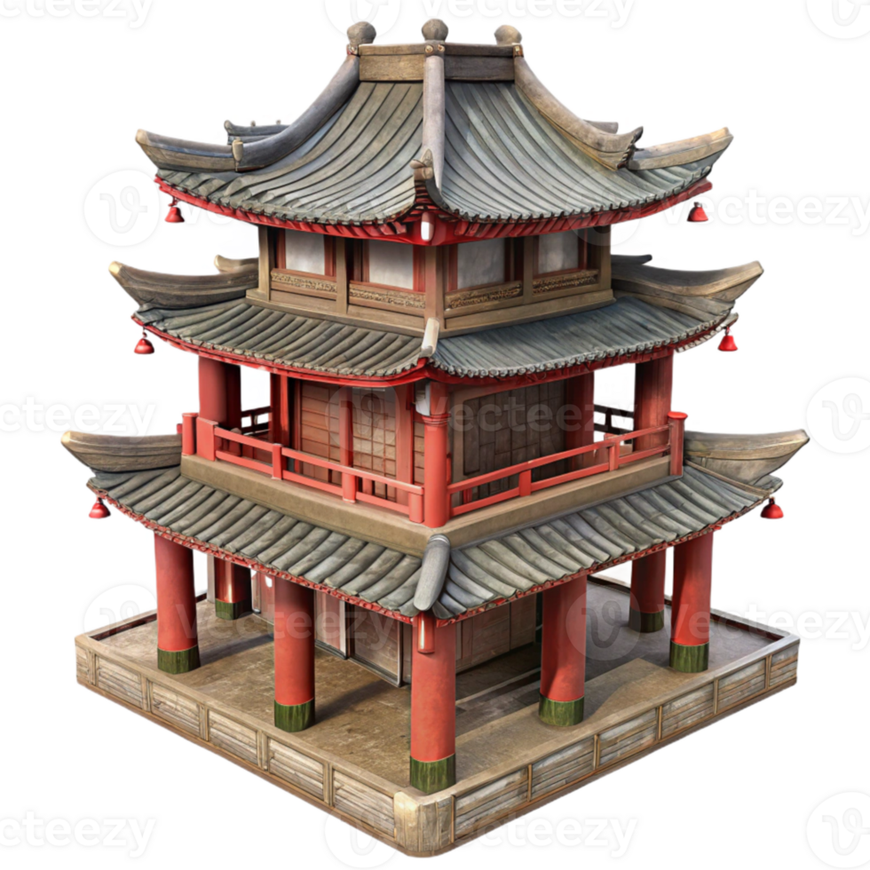 vibrant minimalist Realistic Japanese Pagoda Temple Traditional Architecture Isolated png