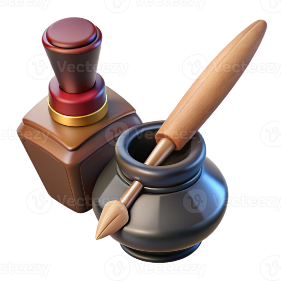 beautiful artistic Realistic Pen and Inkwell Writing Set Transparent Background detailed png
