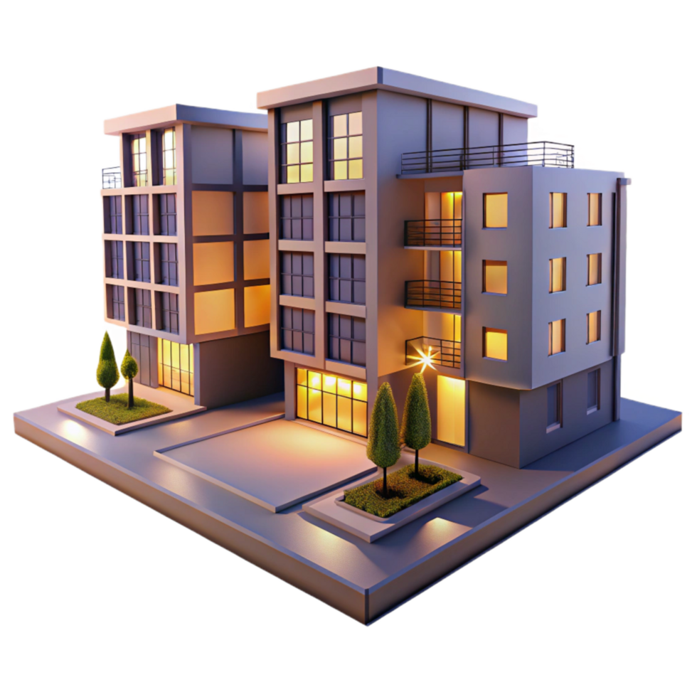 extraordinary modern Residential Apartment Complex Dusk Lighting Isolated professional png