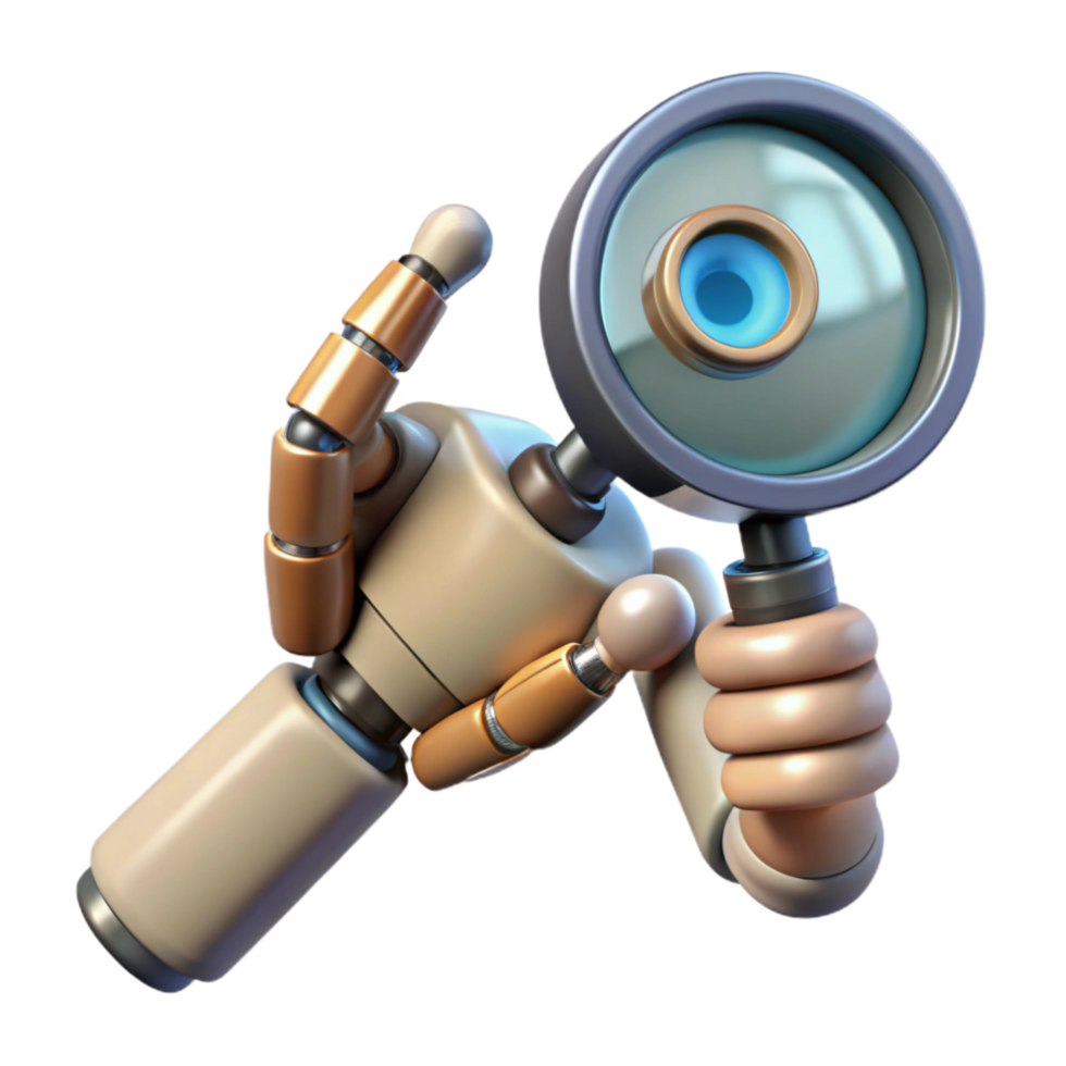 impressive classic Robotic Hand Holding Magnifying Glass Cutout on Transparent Background professional png