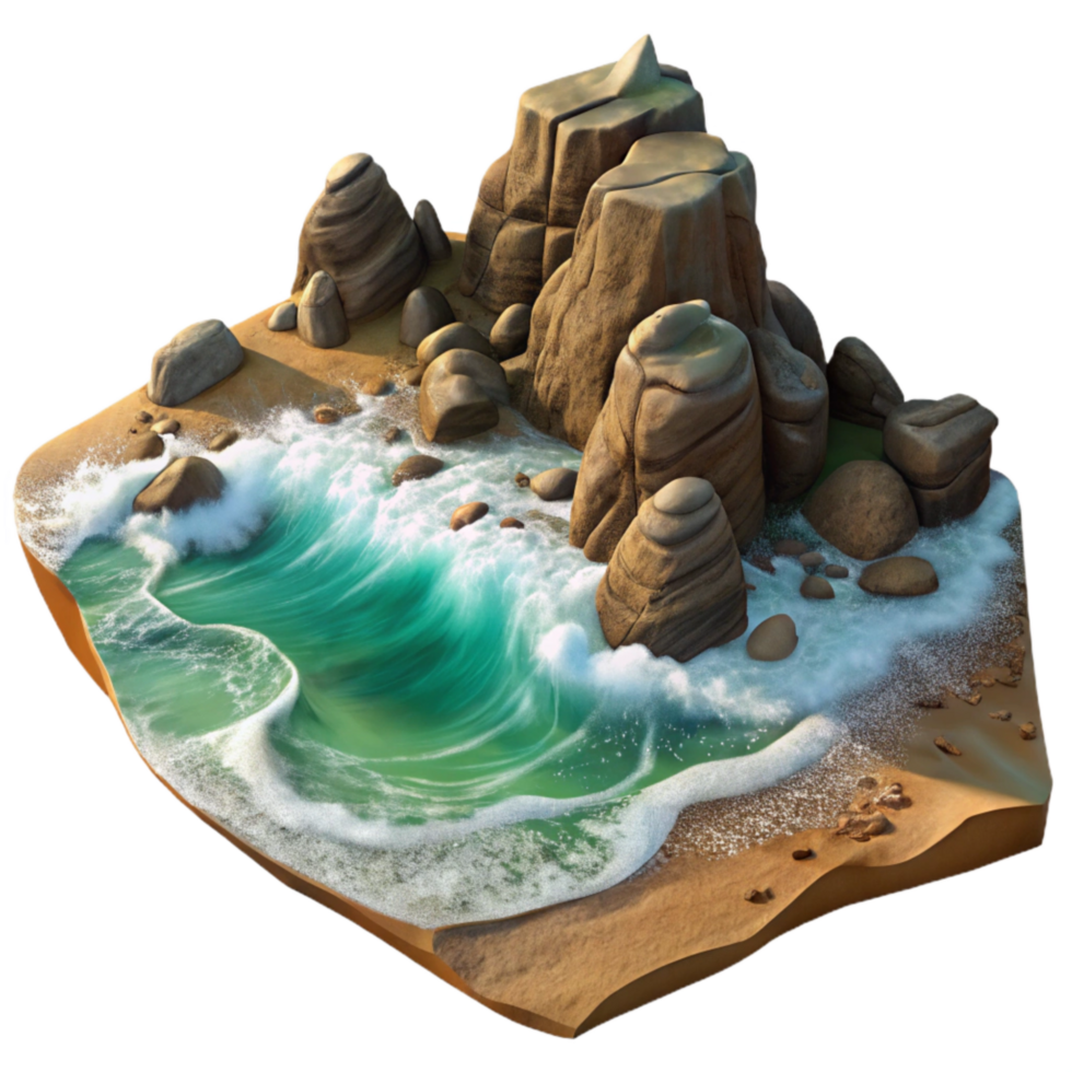 extraordinary rustic Rocky Coastline with Waves Crashing Transparent Background high resolution png