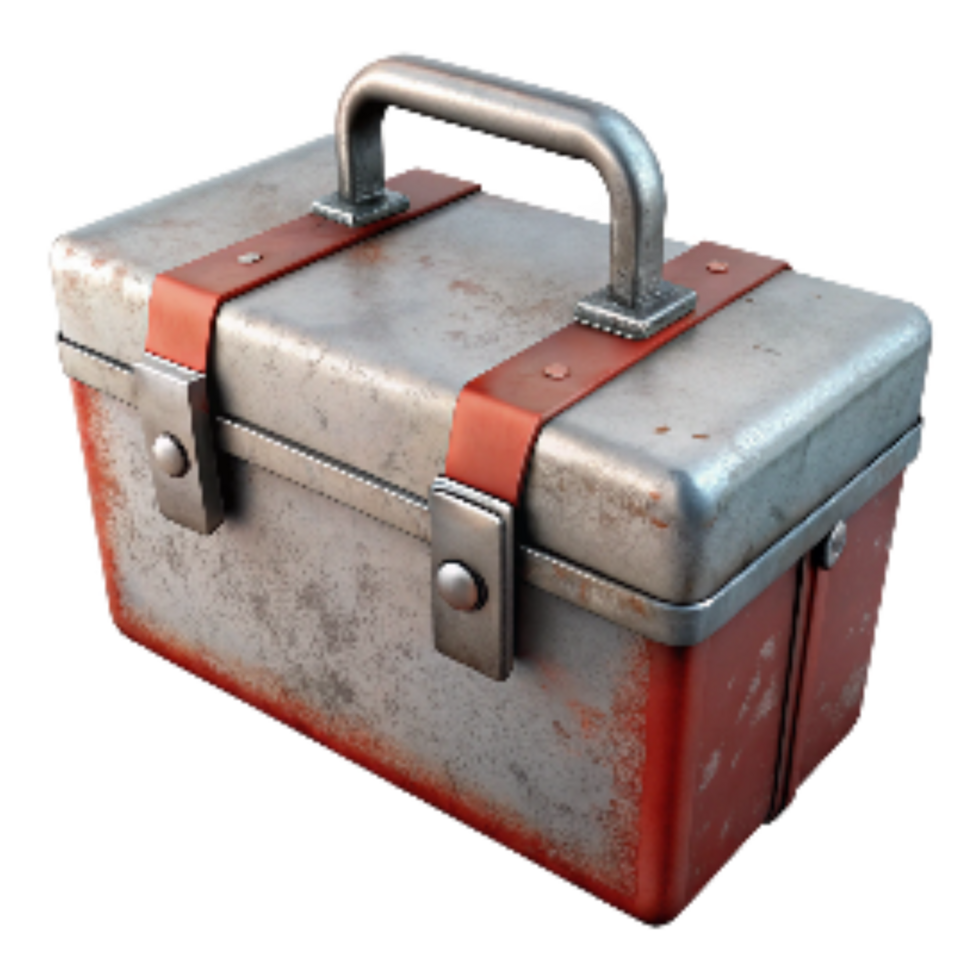 serene traditional Rustic Metal Toolbox Top Angle Isolated on Transparent Background png
