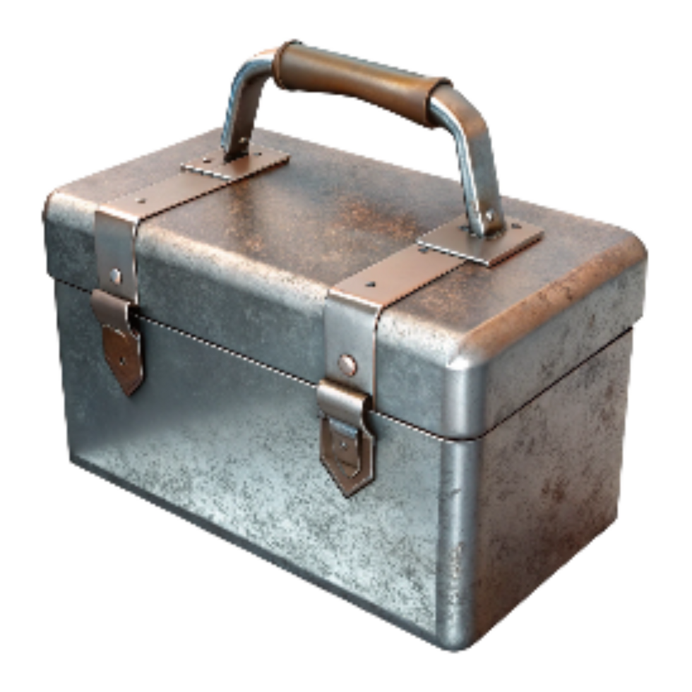 dramatic creative Rustic Metal Toolbox Top Angle Isolated on Transparent Background detailed png