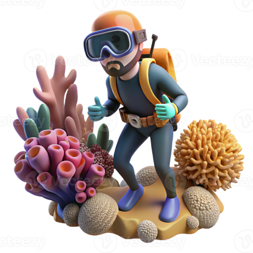 vibrant rustic Scuba Diver Exploring Coral Reef Transparent Background high quality png
