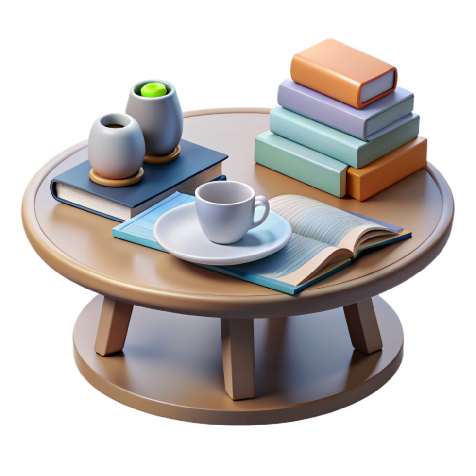 serene abstract Simple Coffee Table with Books and Magazines Transparent Background authentic png