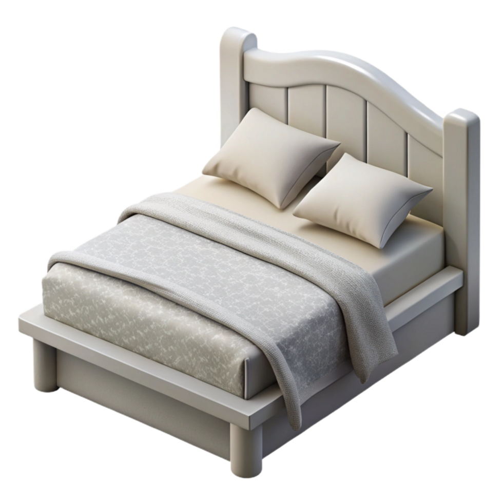 beautiful creative Simple White Bed Frame with Gray Bedding Transparent Background png