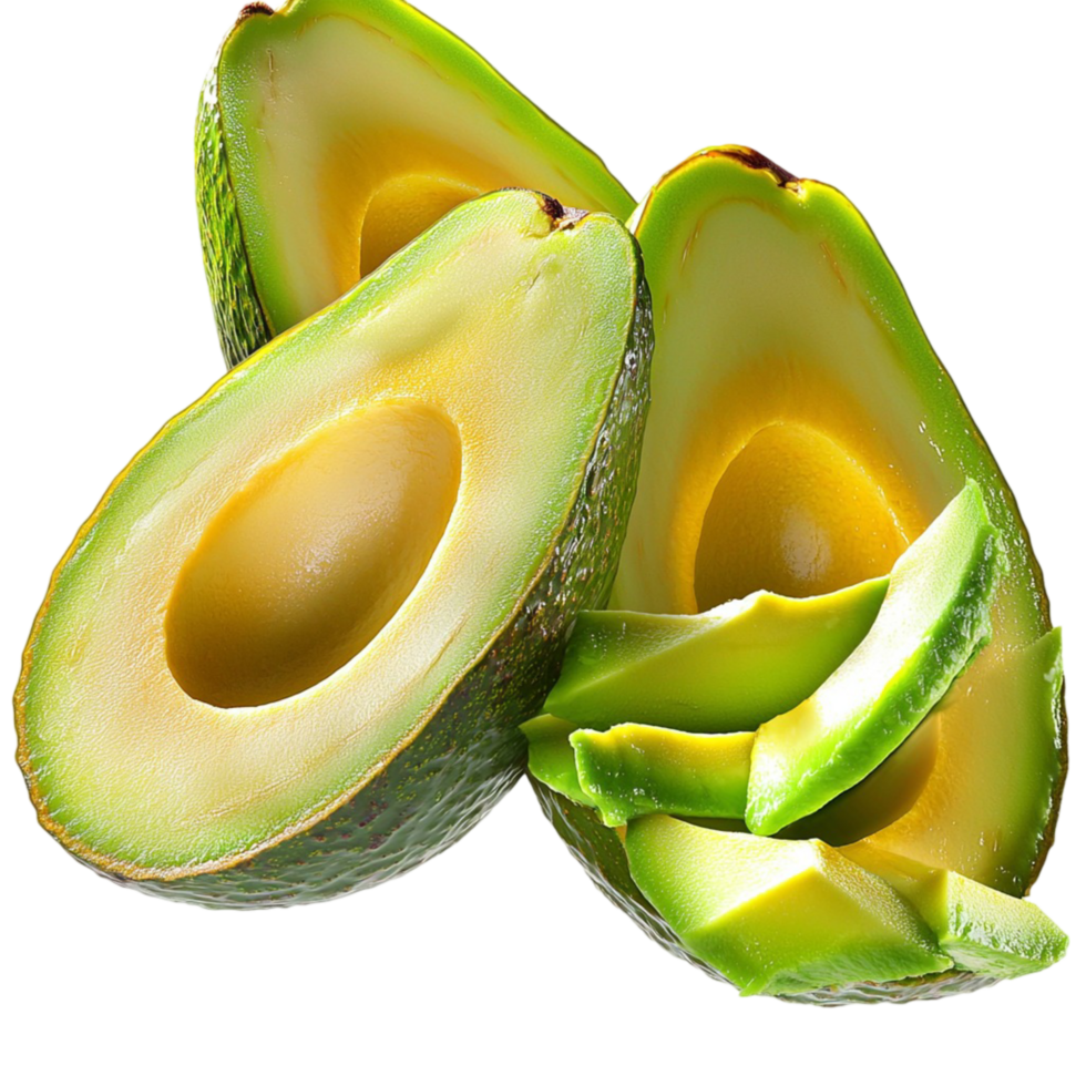 ripe avocados with one sliced to show the green interior png