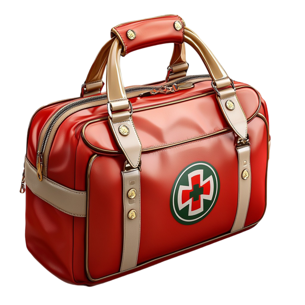 Red first aid kit bag with a white cross symbol and handles png