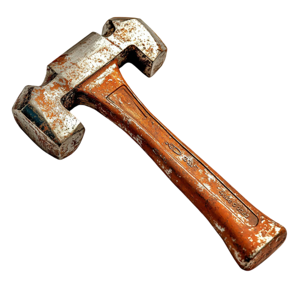 old hammer with a wooden handle and weathered metal head png