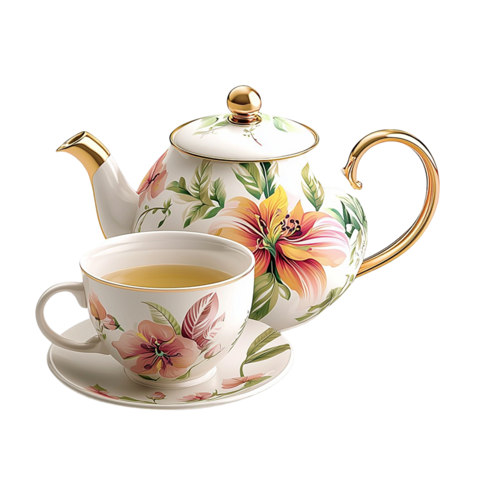 floral teapot with a matching teacup png