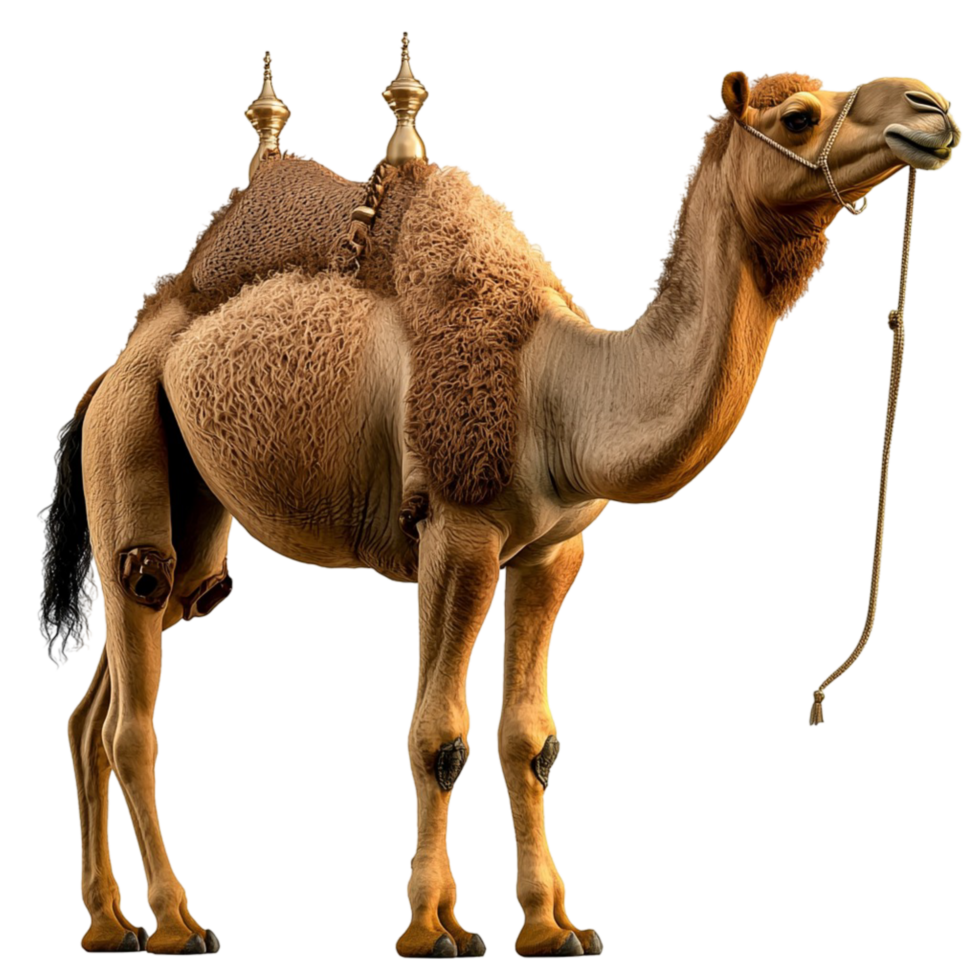 Standing camel with a harness and a brown coat png