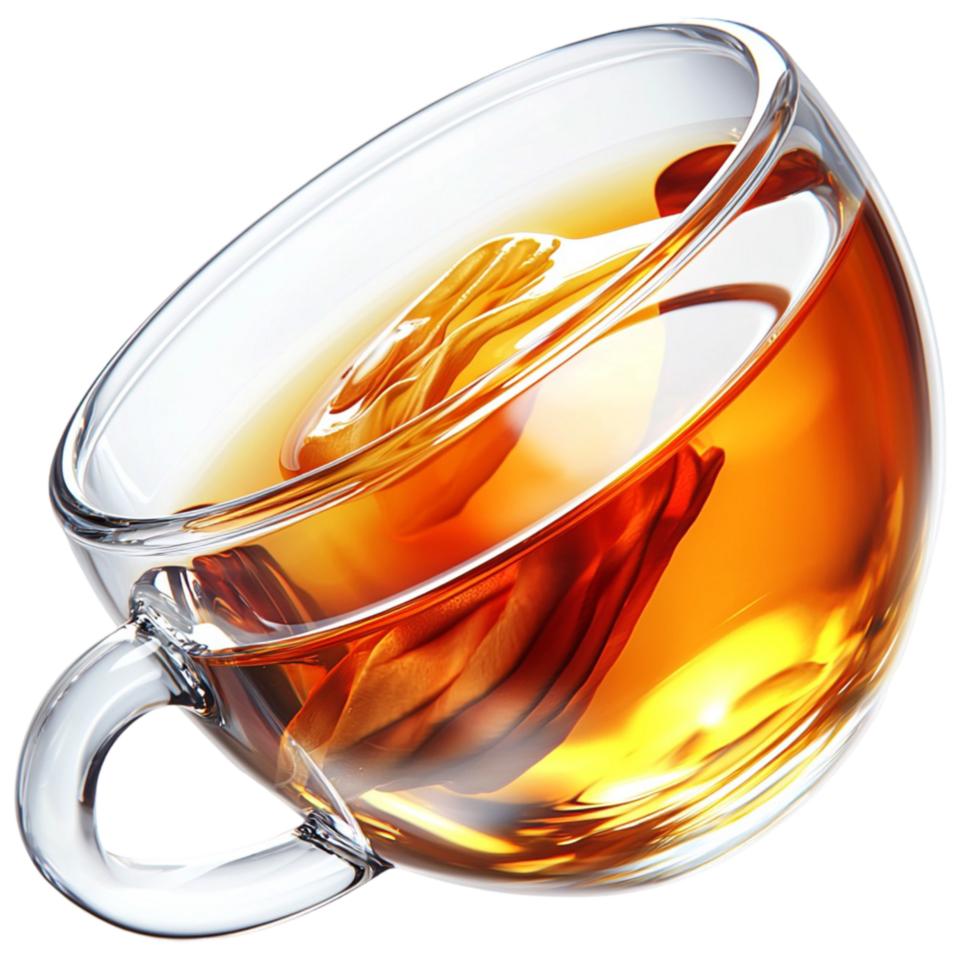 Clear glass cup filled with amber tea and a tea bag png