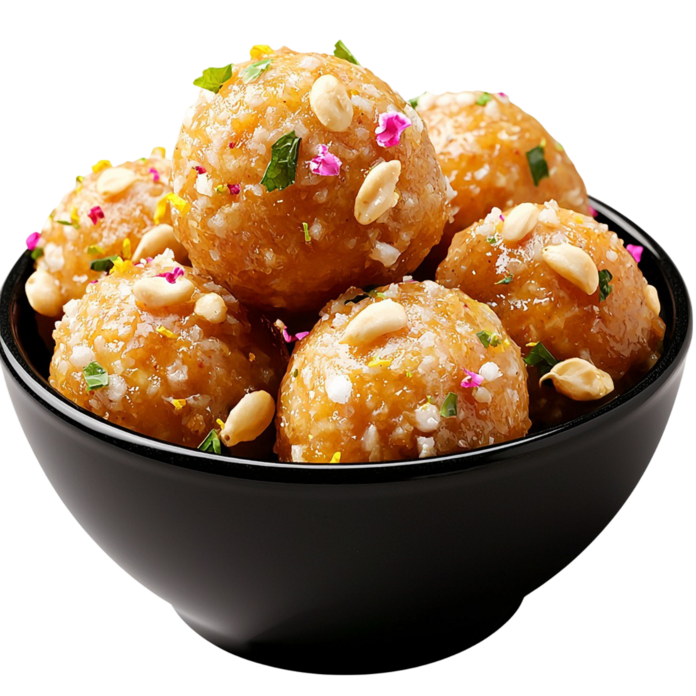 Sweet round dessert balls with sprinkles and nuts in a black bowl png