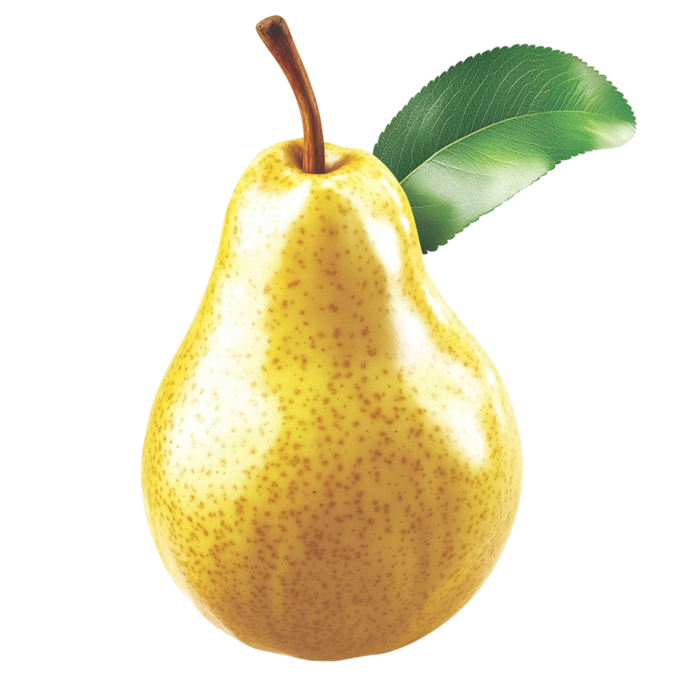 Ripe yellow pear with a green leaf and speckled skin png