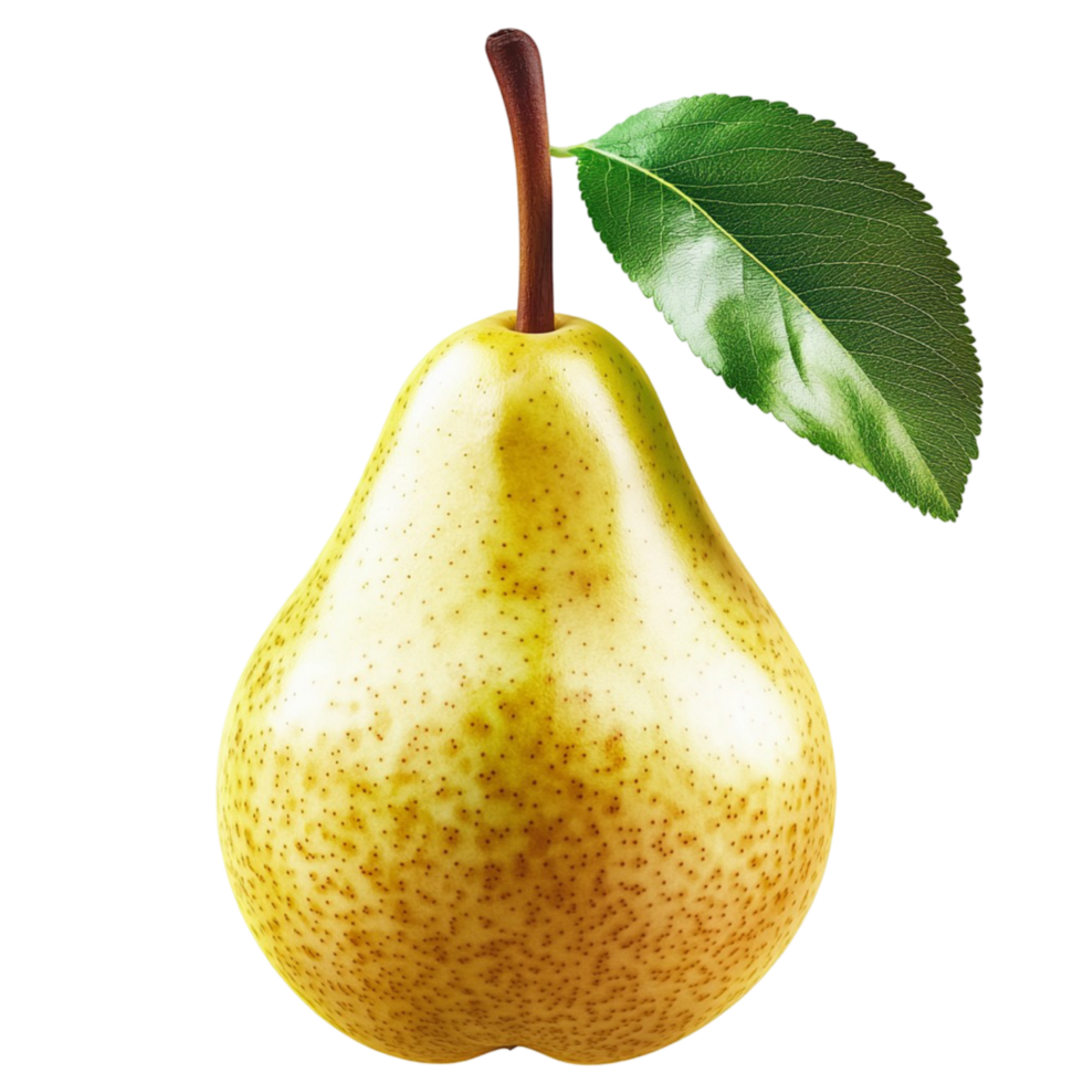 Shiny yellow pear with a natural stem and leaf png