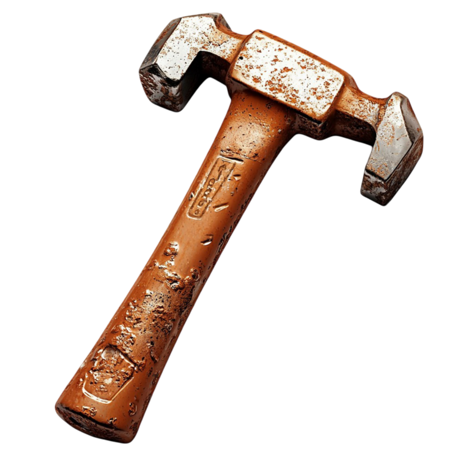 Rusty old hammer with a wooden handle and weathered metal head png