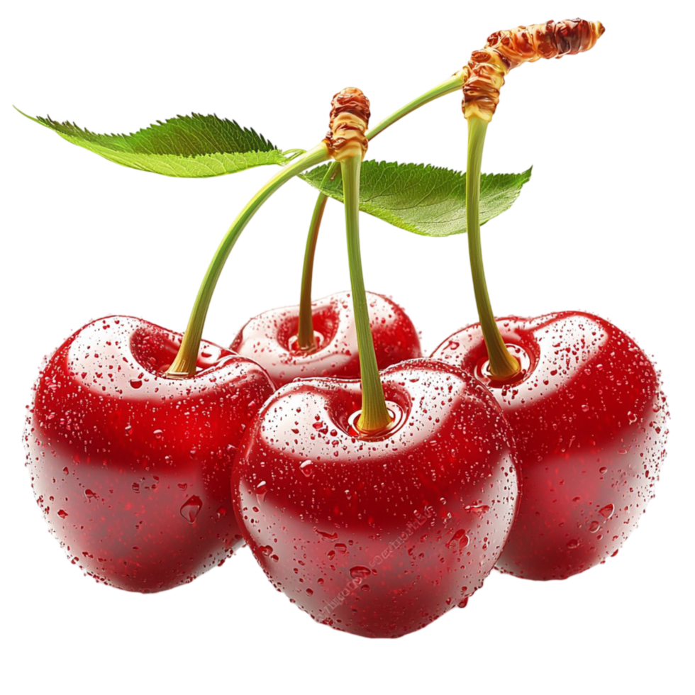 Cluster of red cherries with green stems and water droplets png