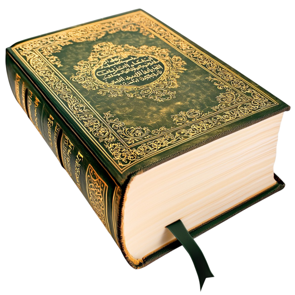 Vintage green book with golden Arabic calligraphy and bookmark png