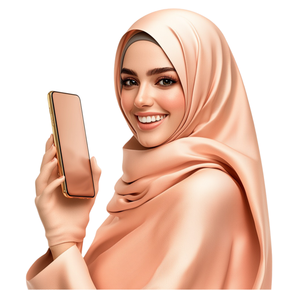 Woman in a peach hijab holding a smartphone and smiling png