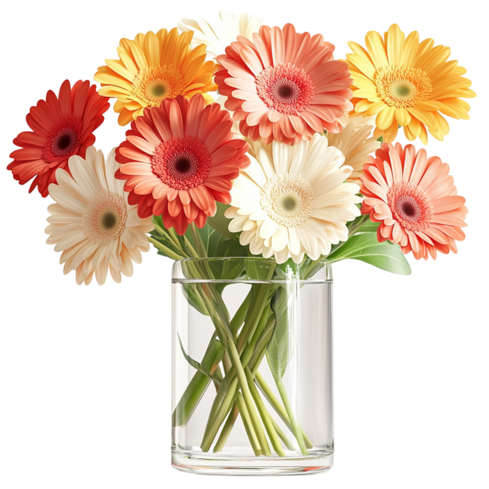 Bouquet of colorful gerbera isies in a clear glass vase png