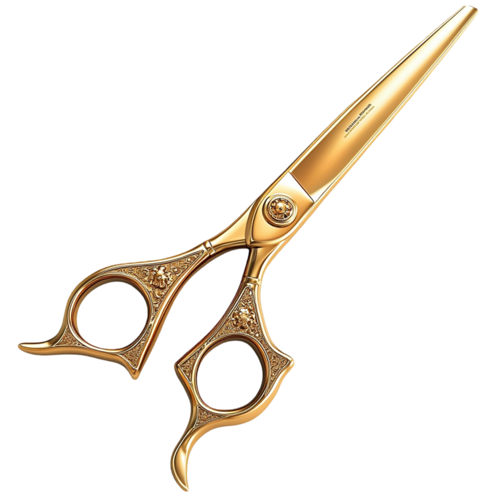 Golden hairdressing scissors with intricate engravings and sharp blades png