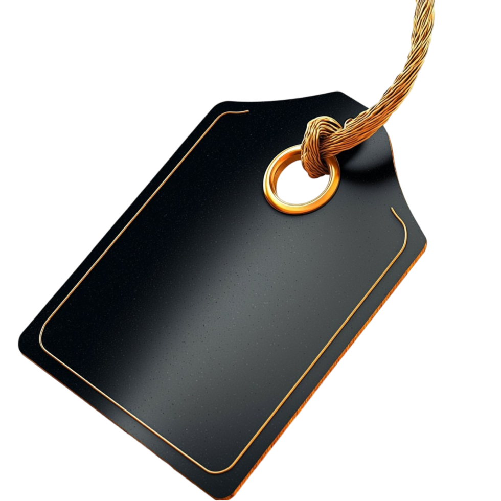 Black and gold price tag with a rope loop and design png