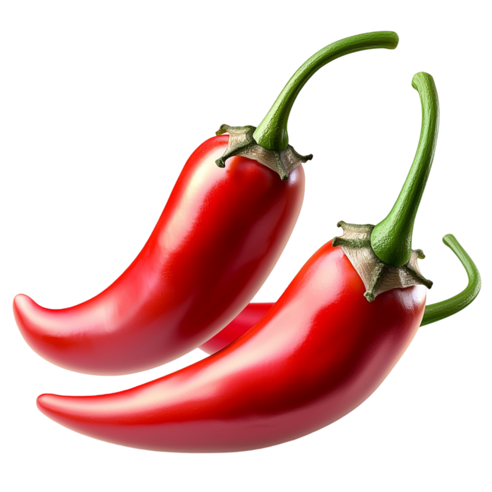 Two red chili peppers with a curved shape and a vibrant spicy look png